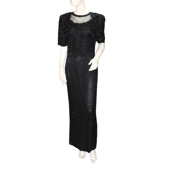 Lawrence Kazar Black Sequin Silk Evening Gown Size M Vintage Formal Dress